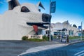 TIRAU, NEW ZEALAND - SEPTEMBER 2018: View of Tirau. Large corrugated iron buildings constructed to look like a sheep, dog and ram