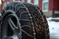tire chains on a winter tire, ready for icy roads