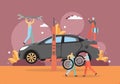 Tire change and car service, auto repair shop, vector flat illustration Royalty Free Stock Photo