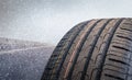 Tire in close-up on a snowy road Royalty Free Stock Photo