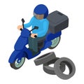 Tire delivery icon isometric vector. New auto tire and man moto delivery courier