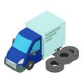 Tire fitting icon isometric vector. Several new automobile tire and delivery van