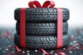 Tire gift 3D icon of tires with a red ribbon