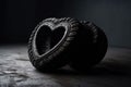 Tire in heart shape on dark background. Tires in heart shape. Generative AI