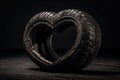 Tire in heart shape on dark background. Tires in heart shape. Generative AI