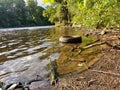 Tire Illegally Dumped and Polluting a Beautiful Riverbank Royalty Free Stock Photo