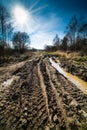 Tire imprints. Off-road track. Sun beams in spring landscape. Puddle in tyre rut