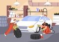 Tire service in auto repair station. Professional mechanics change, fitting wheels. Repairmen fix breakdowns, problems Royalty Free Stock Photo