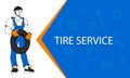 Tire service and Car repair banner with cartoon vector illustration. Royalty Free Stock Photo