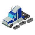 Tire service icon isometric vector. Semi trailer truck near new automobile tire
