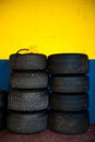Tire set inside motor sport circuit pit
