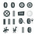 Tire shop concept. Black tire icons set. Service, diagnostics, replacement. Royalty Free Stock Photo