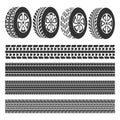 Tire shop, tire tracks set vector