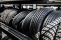 Tire stack background. Selective focus. Royalty Free Stock Photo