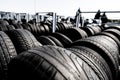 Tire stack background. Selective focus. Royalty Free Stock Photo