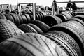 Tire stack background. Selective focus. Royalty Free Stock Photo