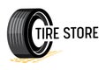 Tire Store Banner with Car Tyre, Tread Track and Black Typography on White Background. Transportation and Vehicles Parts Royalty Free Stock Photo