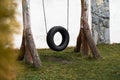 Tire swing hanging from a tree in a summer garden. Concept photo of happy childhood, memory, native home outside grass background Royalty Free Stock Photo