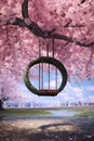 tire swing swaying in the breeze under a cherry blossom tree Royalty Free Stock Photo