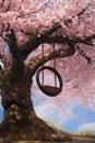 tire swing swaying in the breeze under a cherry blossom tree Royalty Free Stock Photo