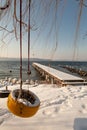 Tire swing on tree at the lake in winter, near old fishing bridge Royalty Free Stock Photo