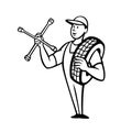 Tire Technician or Tyre Mechanic with Socket Wrench Standing Cartoon Black and White Royalty Free Stock Photo