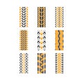 Tire traces black and yellow RGB color icons set. Detailed automobile, motorcycle, bike tyre marks. Car summer and