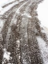 tire tracks on icy surface of road in winter Royalty Free Stock Photo