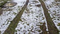 Tire tracks on the melted snow on the green grass in the woods Royalty Free Stock Photo