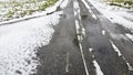 Tire tracks in the melting snow on asphalt road Royalty Free Stock Photo