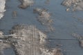 Tire tracks on melting snow. Warming in winter, changing road conditions Royalty Free Stock Photo