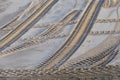 Tire tracks in the sand from a tank or excavator Royalty Free Stock Photo