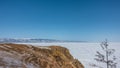 Tire tracks are visible on a frozen lake covered with snow. Royalty Free Stock Photo