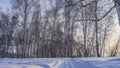 Tire tracks are visible on the road, trampled in the snow. Royalty Free Stock Photo