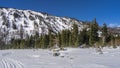 Tire tracks are visible on the snow-covered valley. Royalty Free Stock Photo