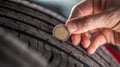 Tire tread measuring by a two euro coin placed into the pattern of the tire