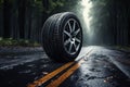 Tire on a wet road. Summer theme with copy space. Stormy weather driving safety concept. Generative Ai Royalty Free Stock Photo