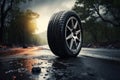 Tire on a wet road. Summer theme with copy space. Stormy weather driving safety concept. Generative Ai Royalty Free Stock Photo