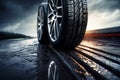 Tire on a wet road. Summer theme with copy space. Stormy weather driving safety concept. Generative Ai Royalty Free Stock Photo