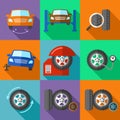 Tire wheel service icons set in flat design style