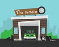 Tire wheel service shop garage with car flat vector illustration Royalty Free Stock Photo