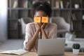 Tired African American woman distressed with work feel sleepy Royalty Free Stock Photo