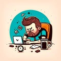 Tired angry man at work in front of a computer, generative AI.