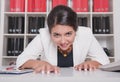 Tired bored business woman in office. Overwork concept Royalty Free Stock Photo