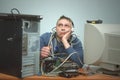 Computer repairman. Computer technician engineer. Support service. Royalty Free Stock Photo