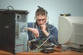 Computer repairman. Computer technician engineer. Support service. Royalty Free Stock Photo