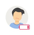 Tired bored exhausted person man with low life vital battery energy power level icon flat cartoon graphic illustration, poor bad Royalty Free Stock Photo