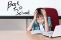 Tired boy holding his head to do homework. Child with learning difficulties. A boy having problems with his homework Royalty Free Stock Photo