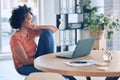 Tired, burnout and black woman doing work with stress about laptop glitch in a office. Bored, anxiety and thinking of a Royalty Free Stock Photo