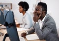 Tired, burnout and exhausted business man, overworked sleepy and yawning in his call center office at work. Exhaustion Royalty Free Stock Photo